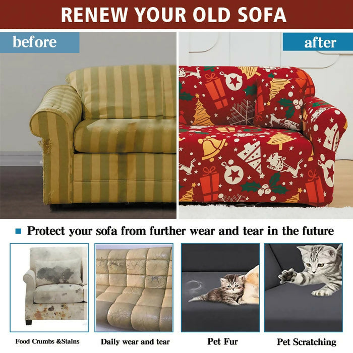 Anyhouz Sofa Cover Red Christmas Reindeer Design Stretchable Non Slip Slipcover