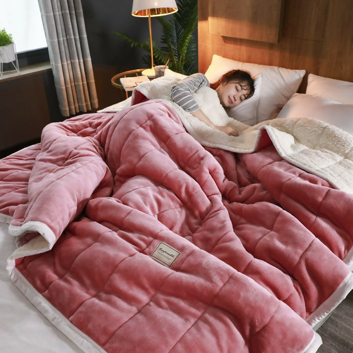 Anyhouz Blanket Dark Pink 3 Layers Coral Fleece Winter Quilts