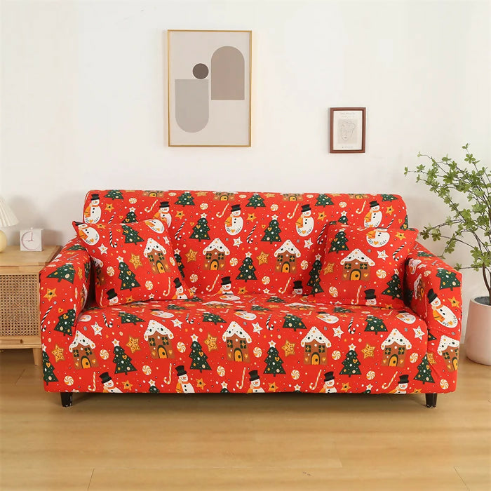 Anyhouz Sofa Cover Orange Christmas Snowman Design Stretchable Non Slip Slipcover