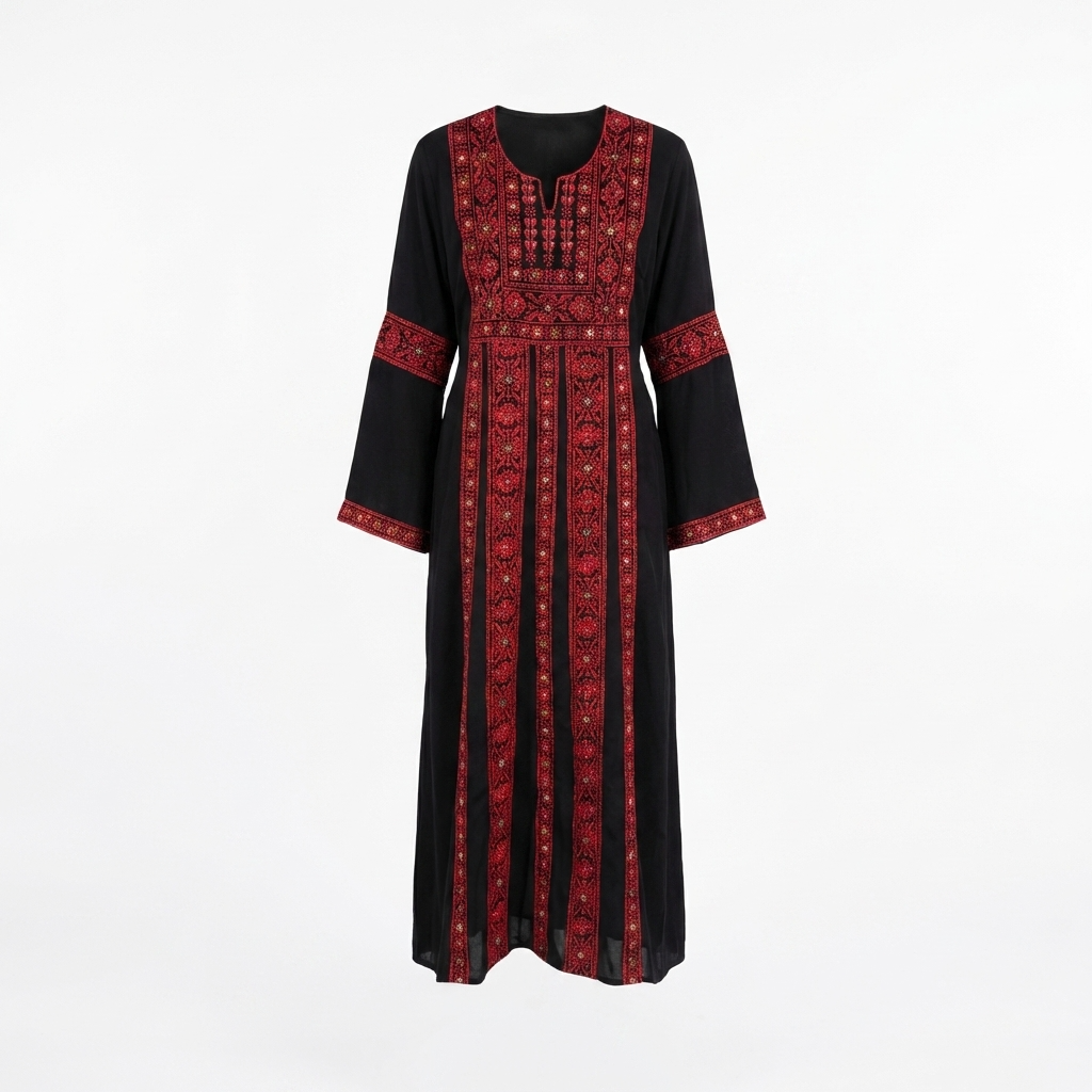 Palestinian Thobe Traditional Dress | Black with Red Tatreez