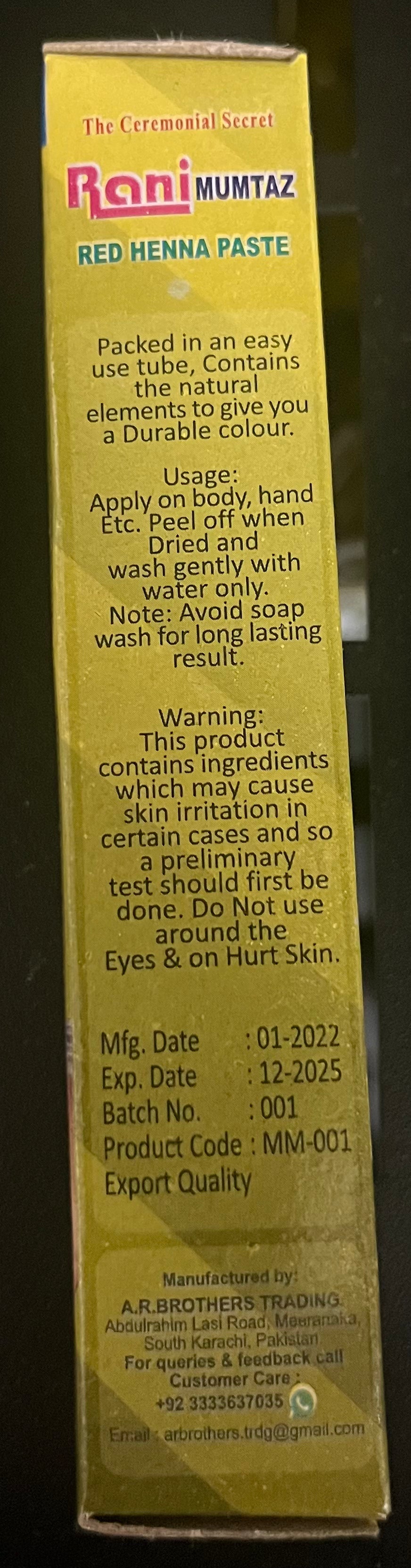 RaniMumtaz Red Henna Paste Cone Cosmetic Argan Oil ZaytunaMart.ca