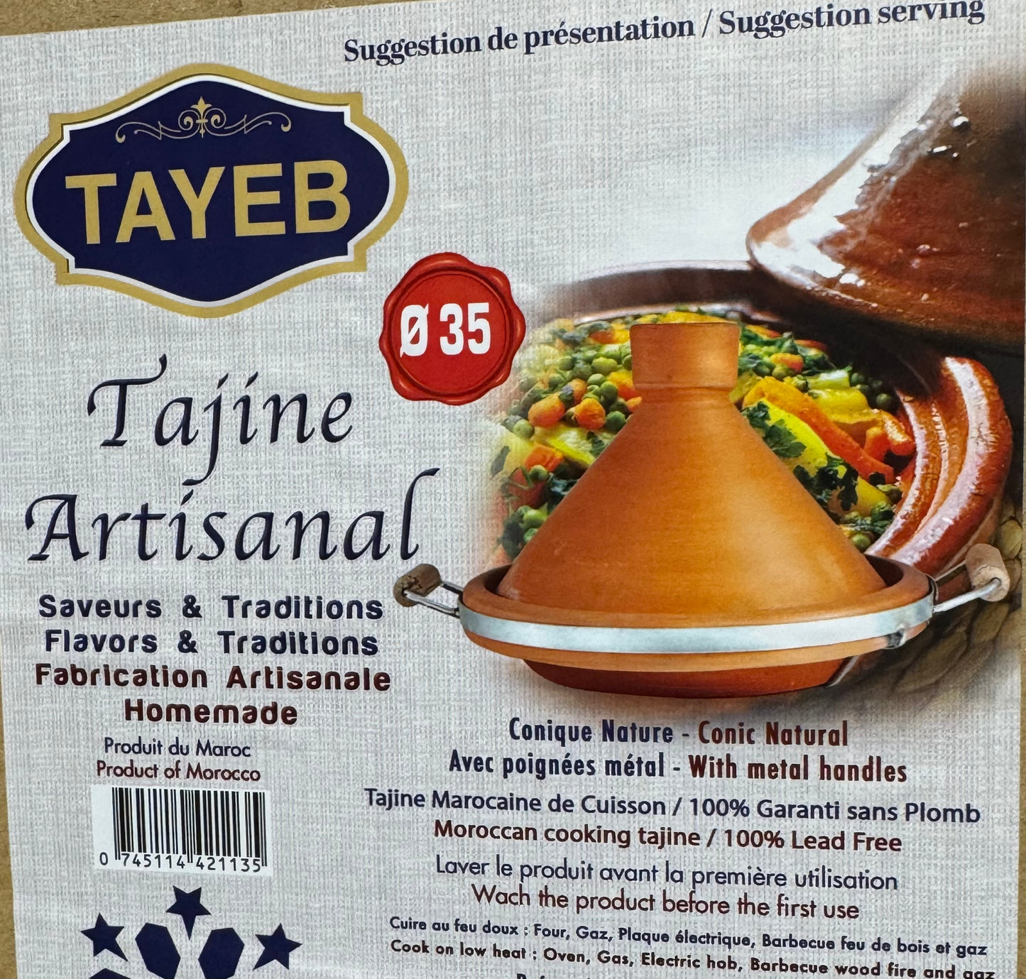 Tagine Clay Pot Natural with Metal Belt & wood hand 35 cm