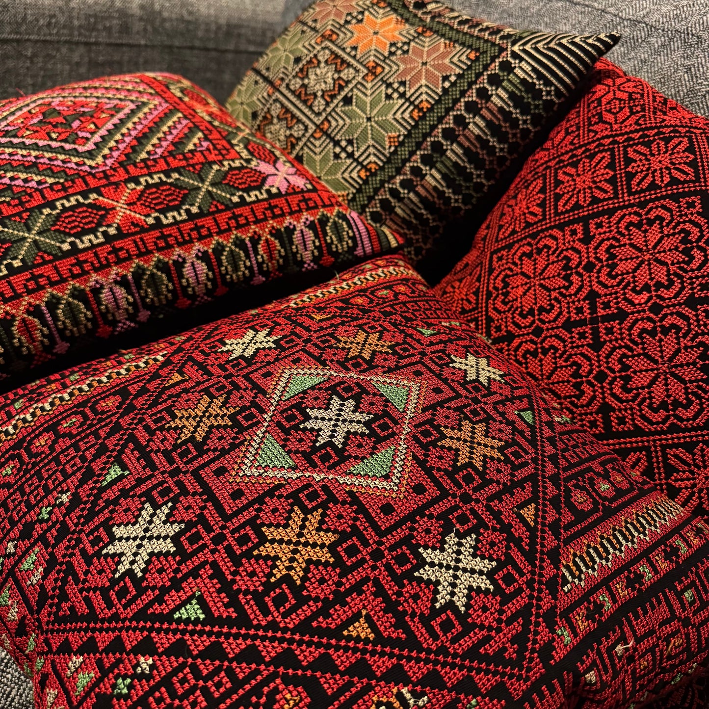 Tatreez Cushion Cover - Red with Multicolor Stars on Black | 16x16" Palestinian Embroidery