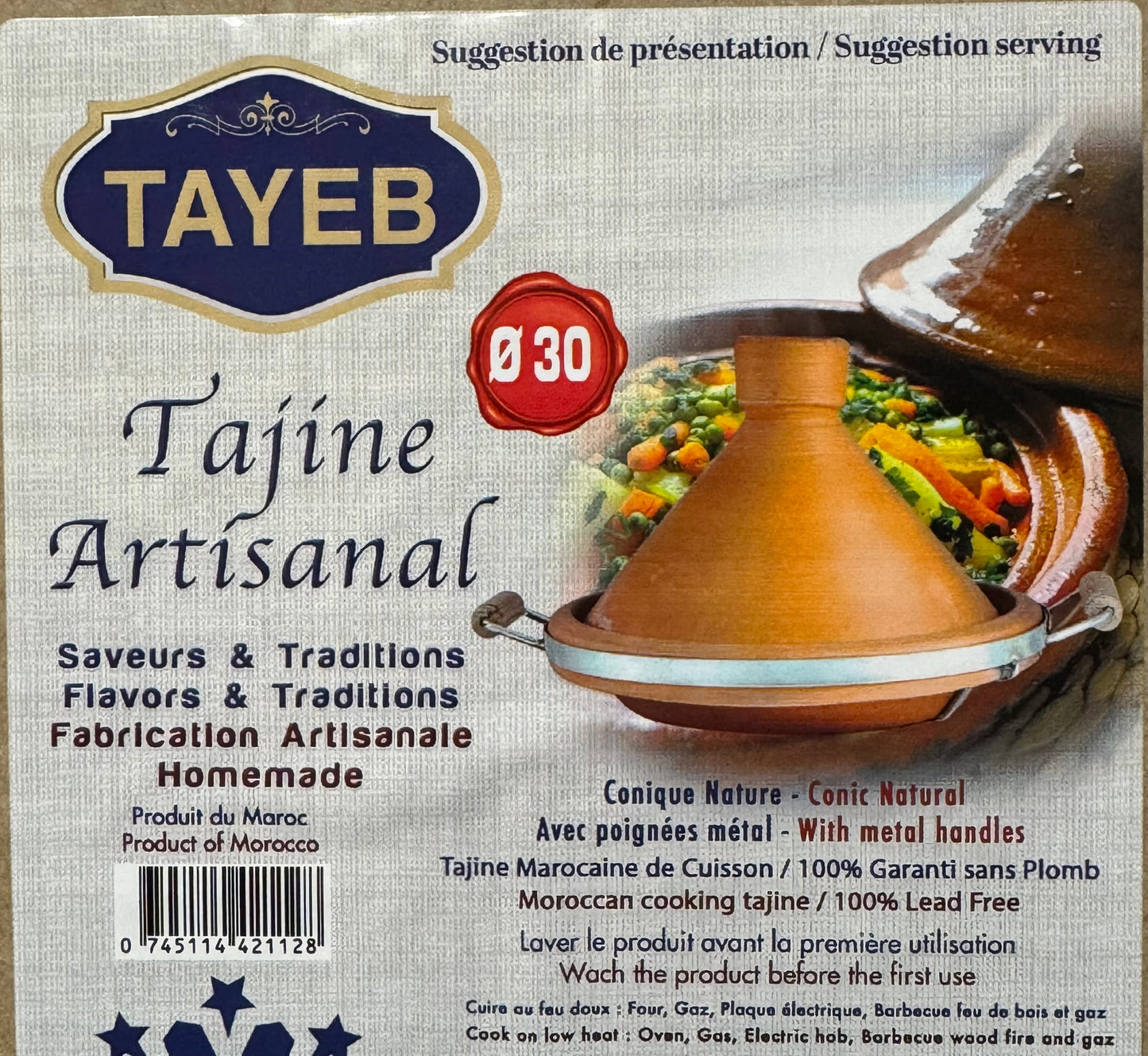 Tagine Clay Pot Natural with Metal Belt & wood hand 30cm