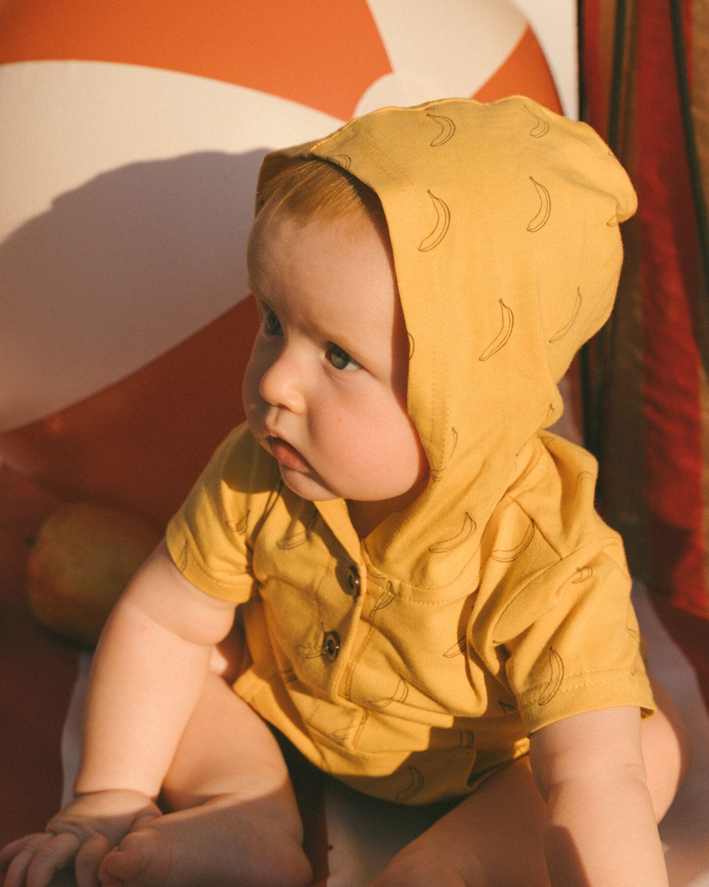 Printed Organic Cotton Hooded Romper Yellow Bananas