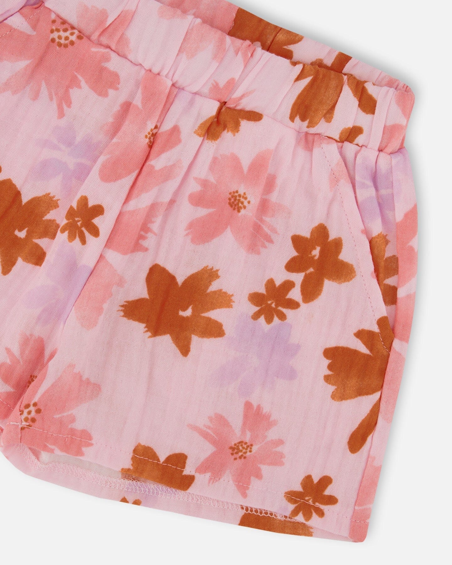 Printed Tank Top And Short Muslin Set With Frills Pink And Coral Flowers