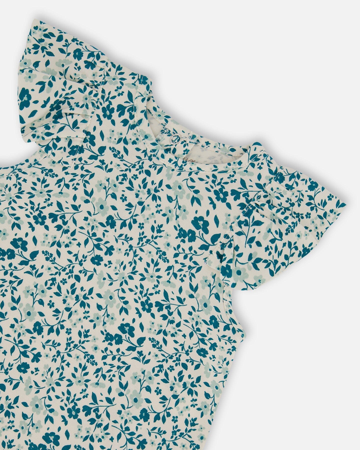 Printed Organic Cotton Romper With Frills Small Turquoise Flowers