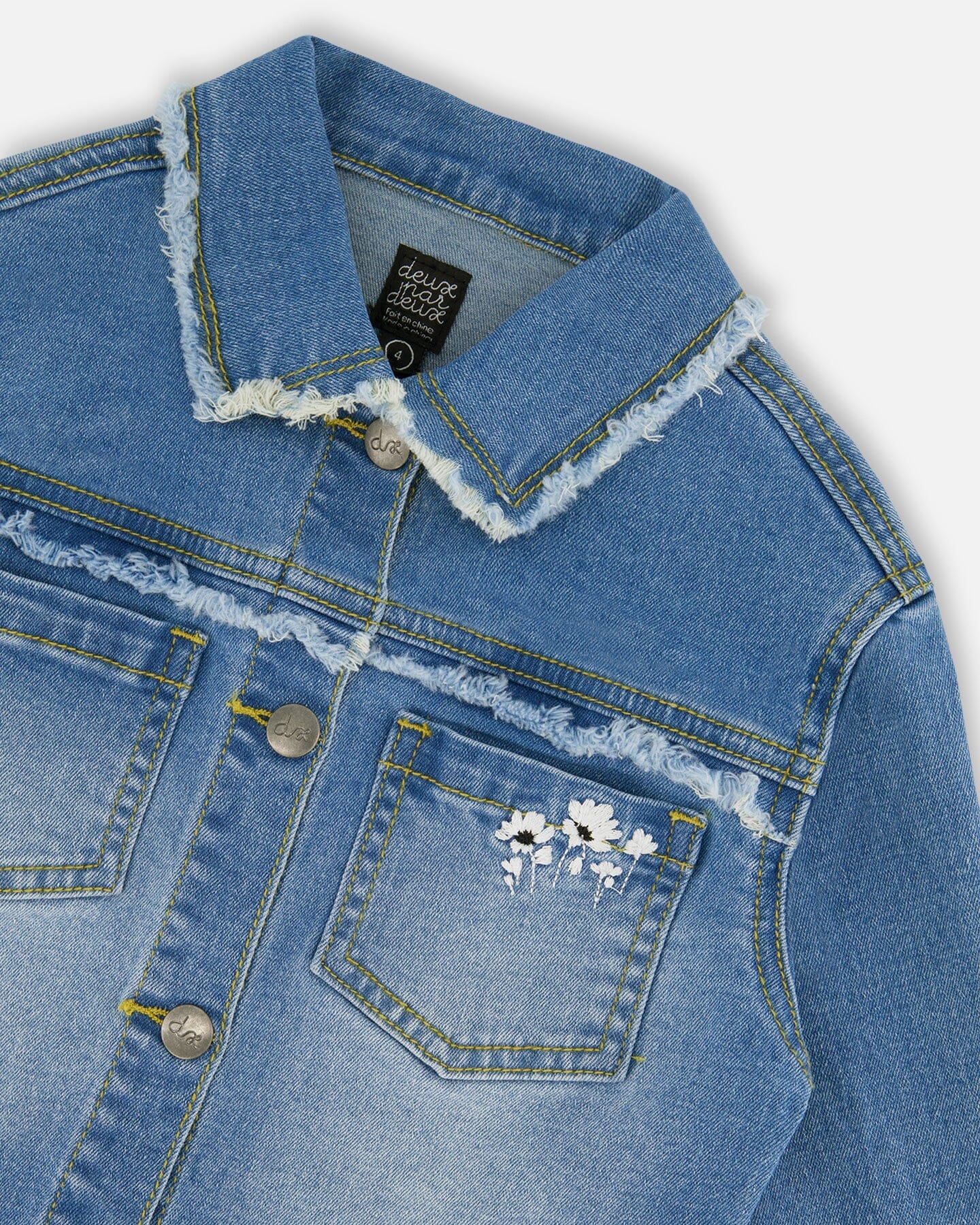 Frayed Denim Jacket With Embroidery Jeans Blue