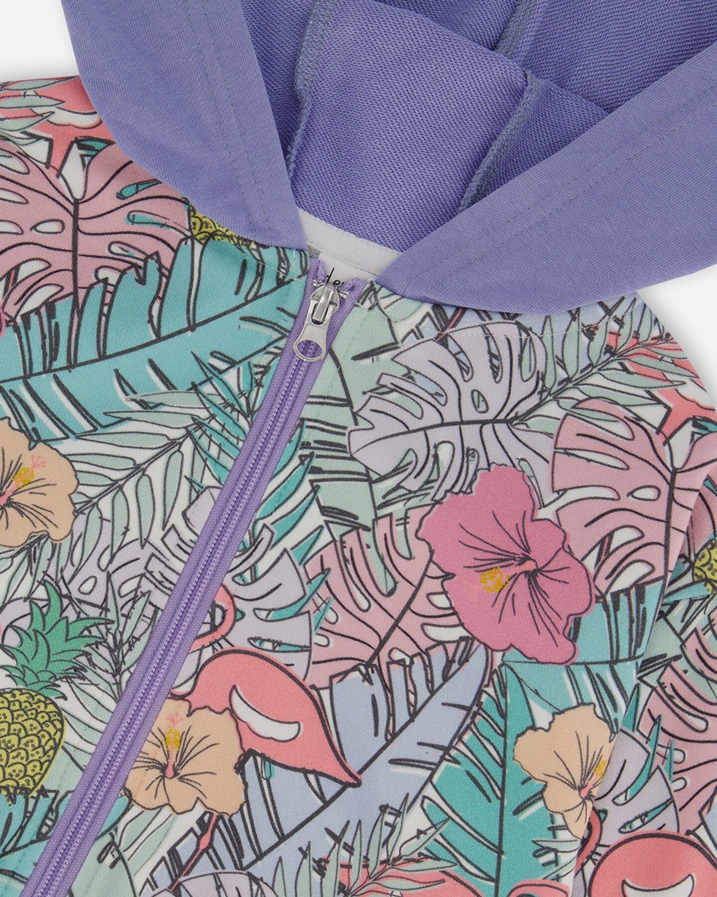 Printed French Terry Hoodie Cardigan Lilac Tropical And Pink Flamingos