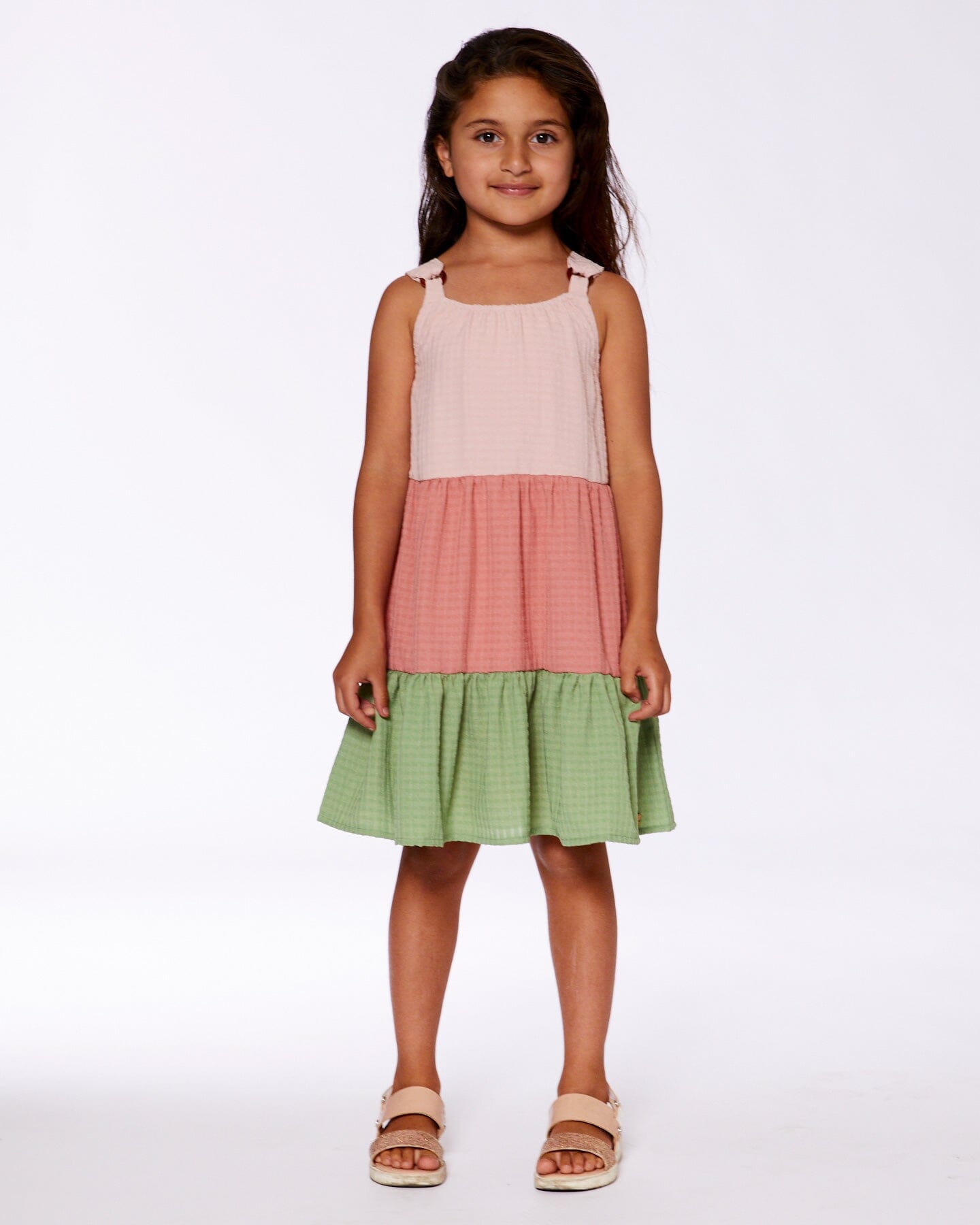 Tiered Color Block Peasant Dress Peach Pink And Green