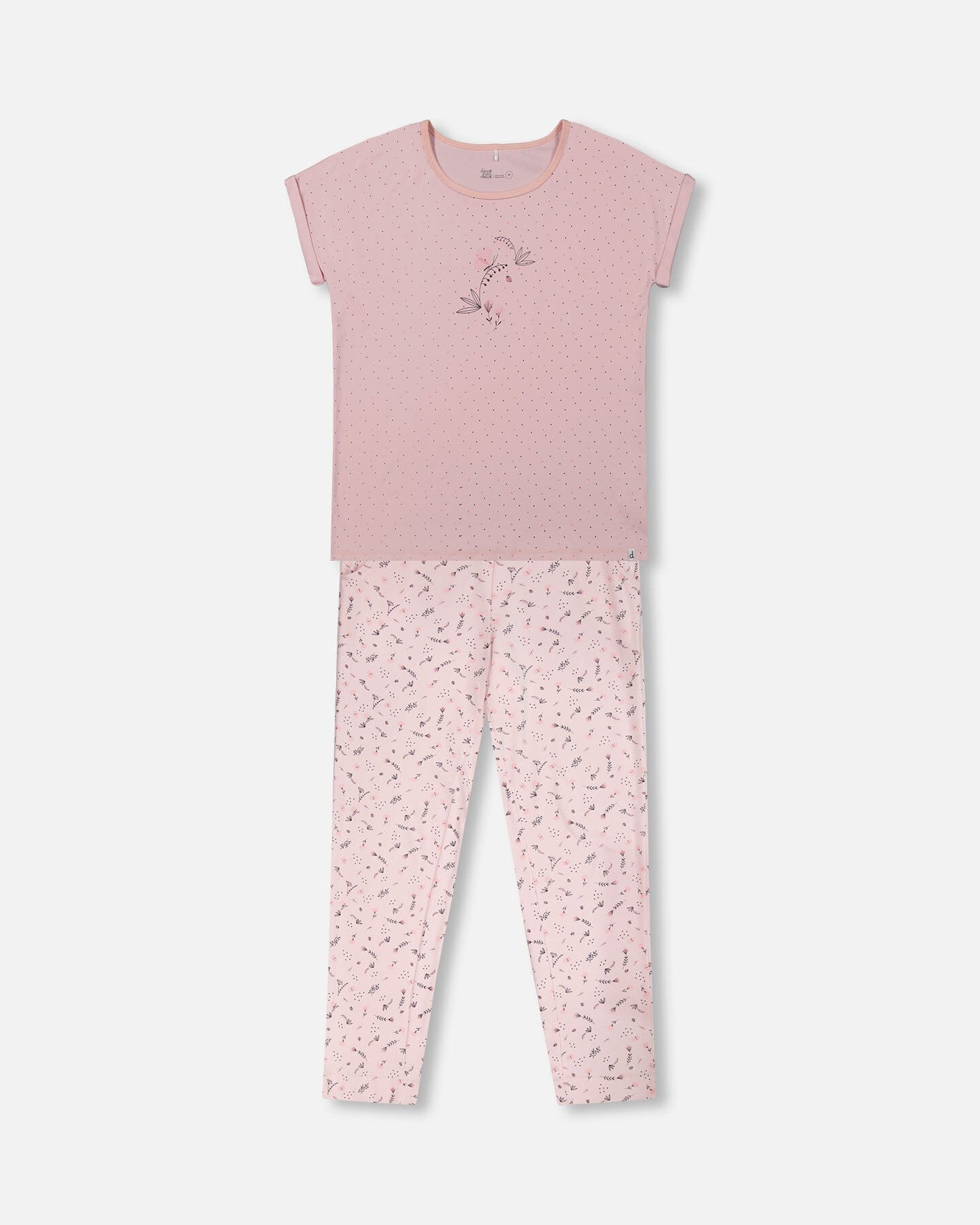 Women'S Printed Organic Cotton Two-Piece Pajama Set Small Pink Flowers On Pale Pink Background