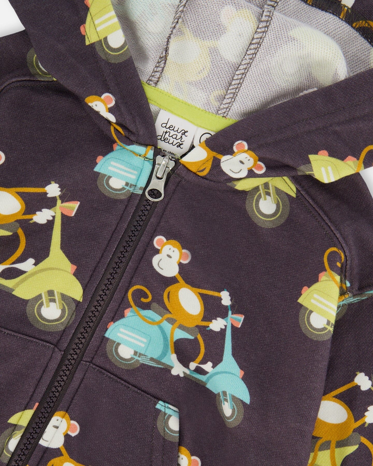 Printed French Terry Hooded Full Zip Cardigan Sweatshirt Monkey On Navy Moped
