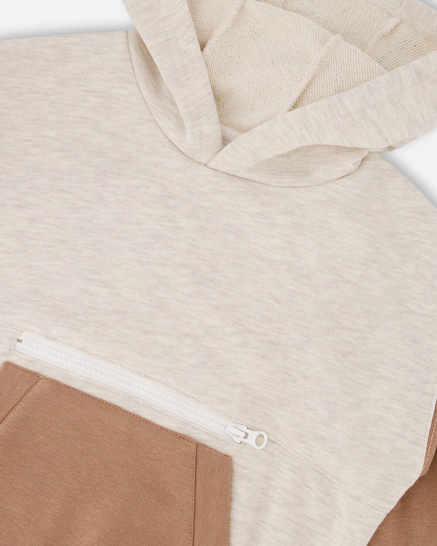 French Terry Color Block Pullover Hoodie Sweatshirt Beige And Off-White