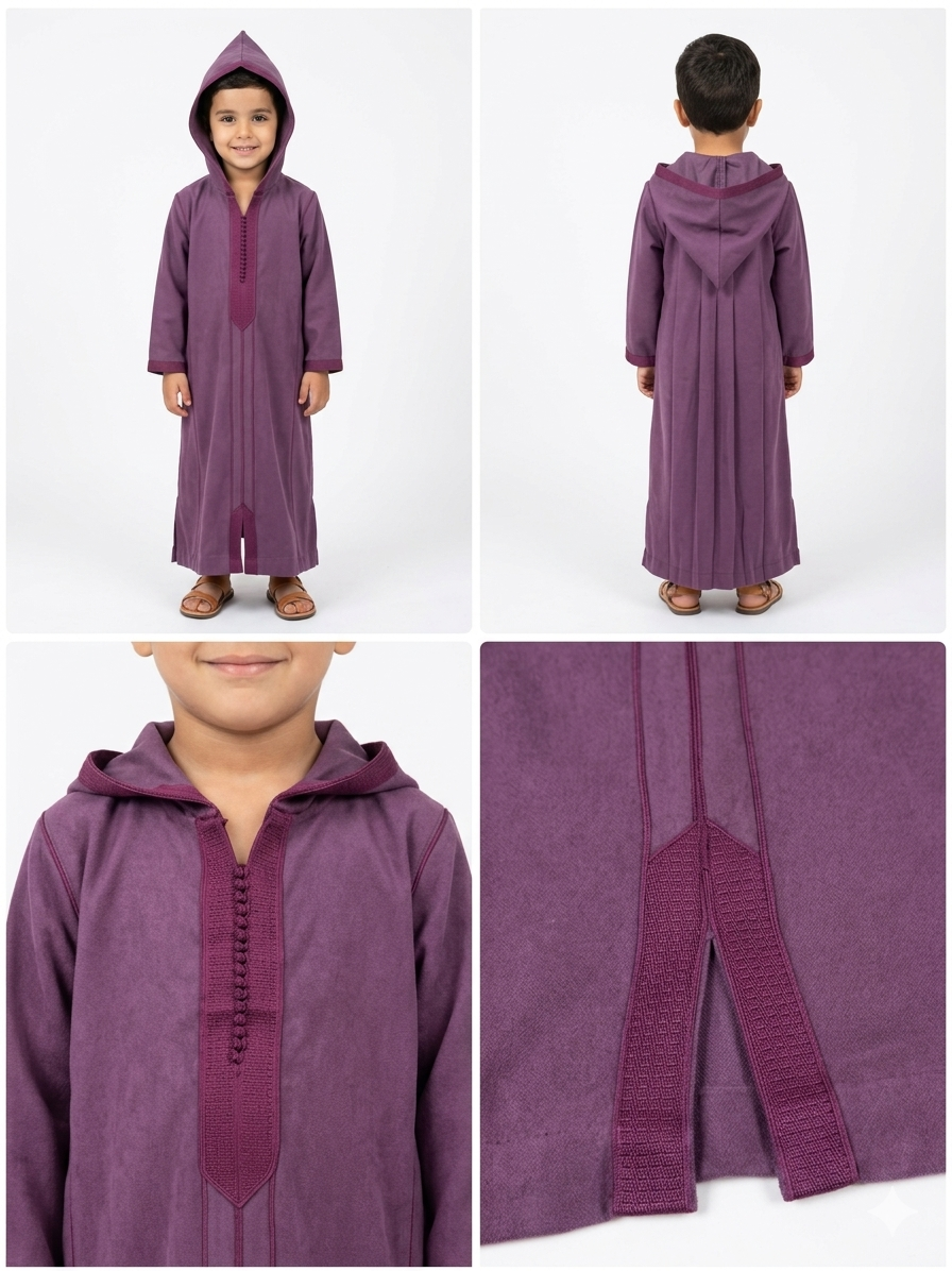 Djellaba Marocaine Authentique pour Enfants – Mlifa Prune Riche avec Détails Sfifa Faits Main