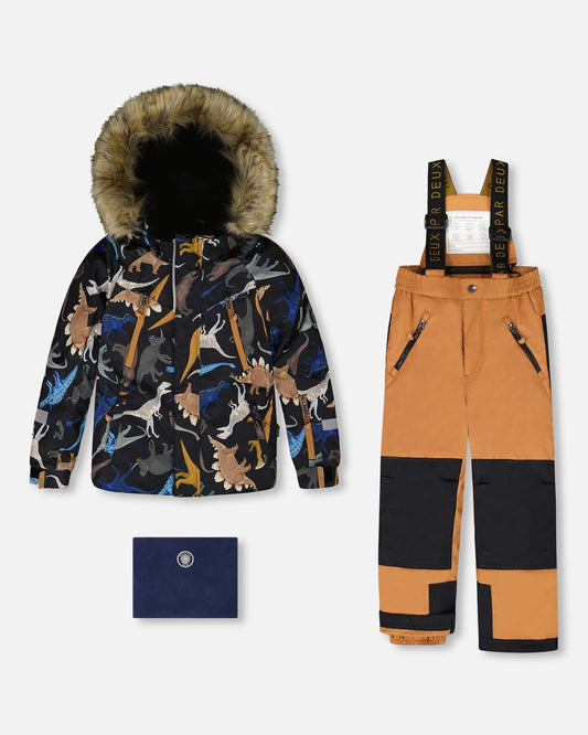 Two-Piece Play Snowsuit With Printed Dinosaurs Jacket Brown