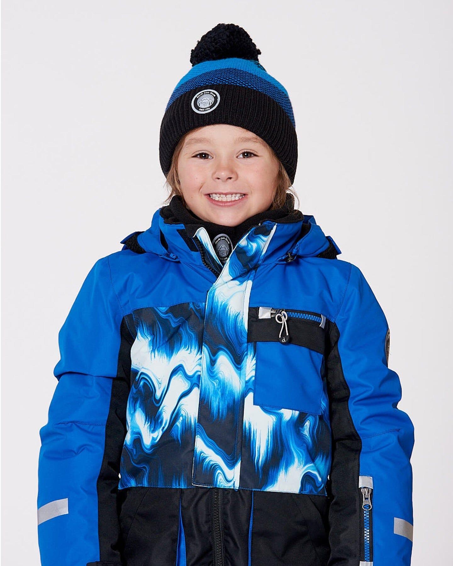 Winter Knit Hat With Pompom And Lining Black And Blue