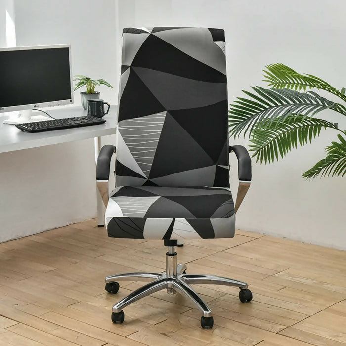 Anyhouz Office Chair Cover Black White Geometric Pattern Non-Slip Rotating Seat