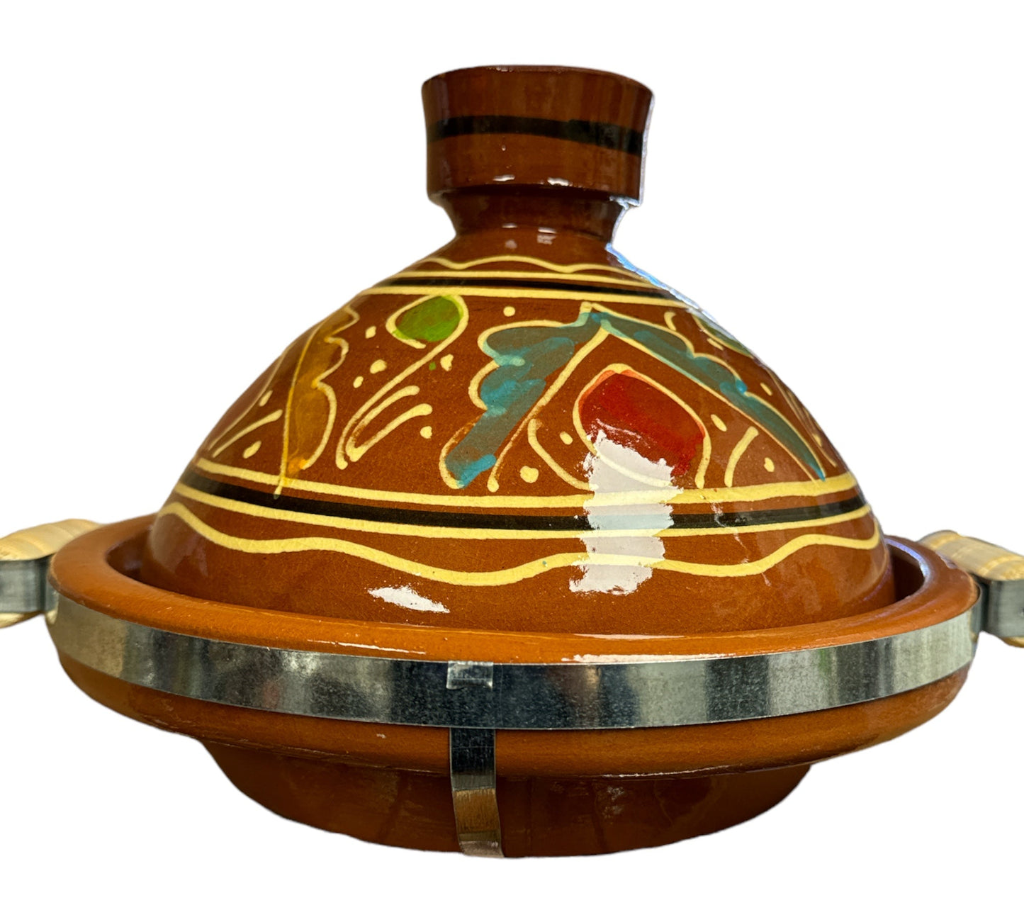 Tagine Pot Conical Decirated with Metal Belt & wood hand 25cm Pottery ZaytunaMart.ca