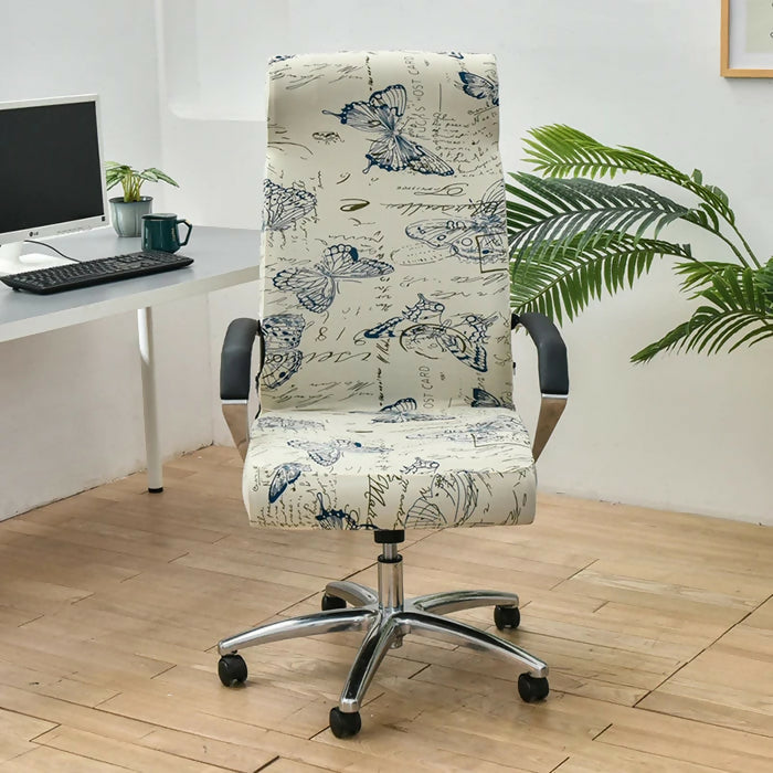 Anyhouz Office Chair Cover White Blue Butterfly Design Non-Slip Rotating Seat