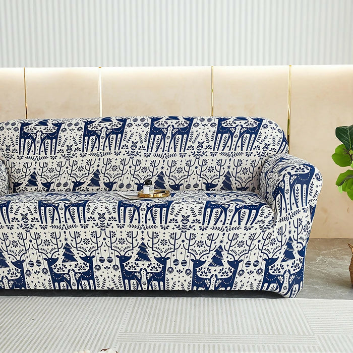 Anyhouz Sofa Cover Blue Christmas Reindeer Design Stretchable Non Slip Slipcover