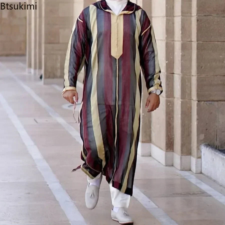 Gandoura 2025 Islamic Clothing Men Robe Kaftan Muslim Man Moroccan Casual Long Dress Arabic Striped Robe Middle East National Costume