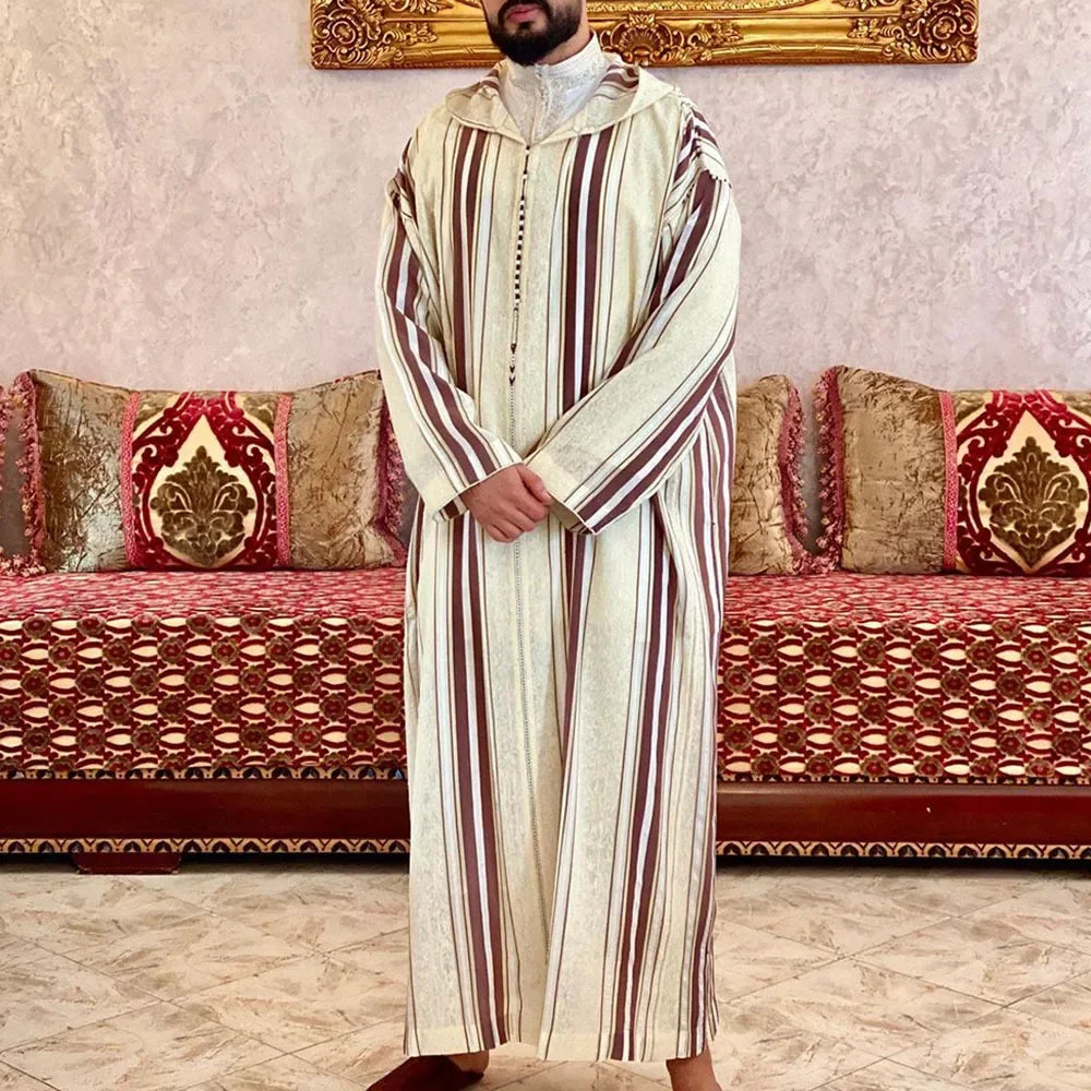 Gandoura 2025 Islamic Clothing Men Robe Kaftan Muslim Man Moroccan Casual Long Dress Arabic Striped Robe Middle East National Costume