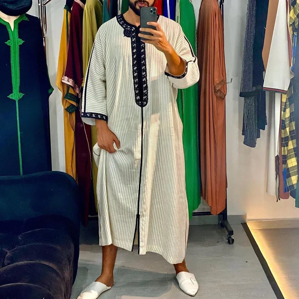 Gandoura 2025 Islamic Clothing Men Robe Kaftan Muslim Man Moroccan Casual Long Dress Arabic Striped Robe Middle East National Costume