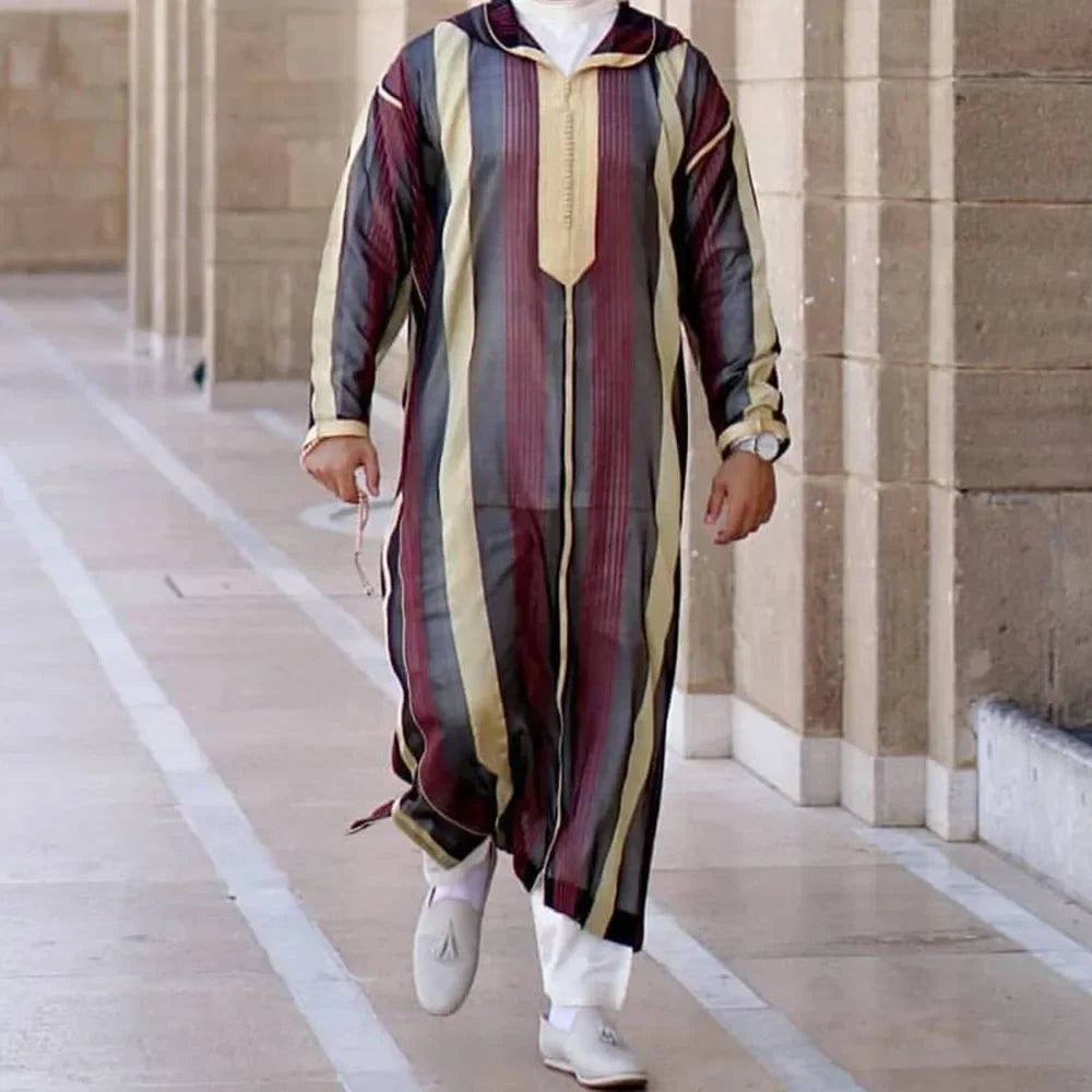 Gandoura 2025 Islamic Clothing Men Robe Kaftan Muslim Man Moroccan Casual Long Dress Arabic Striped Robe Middle East National Costume