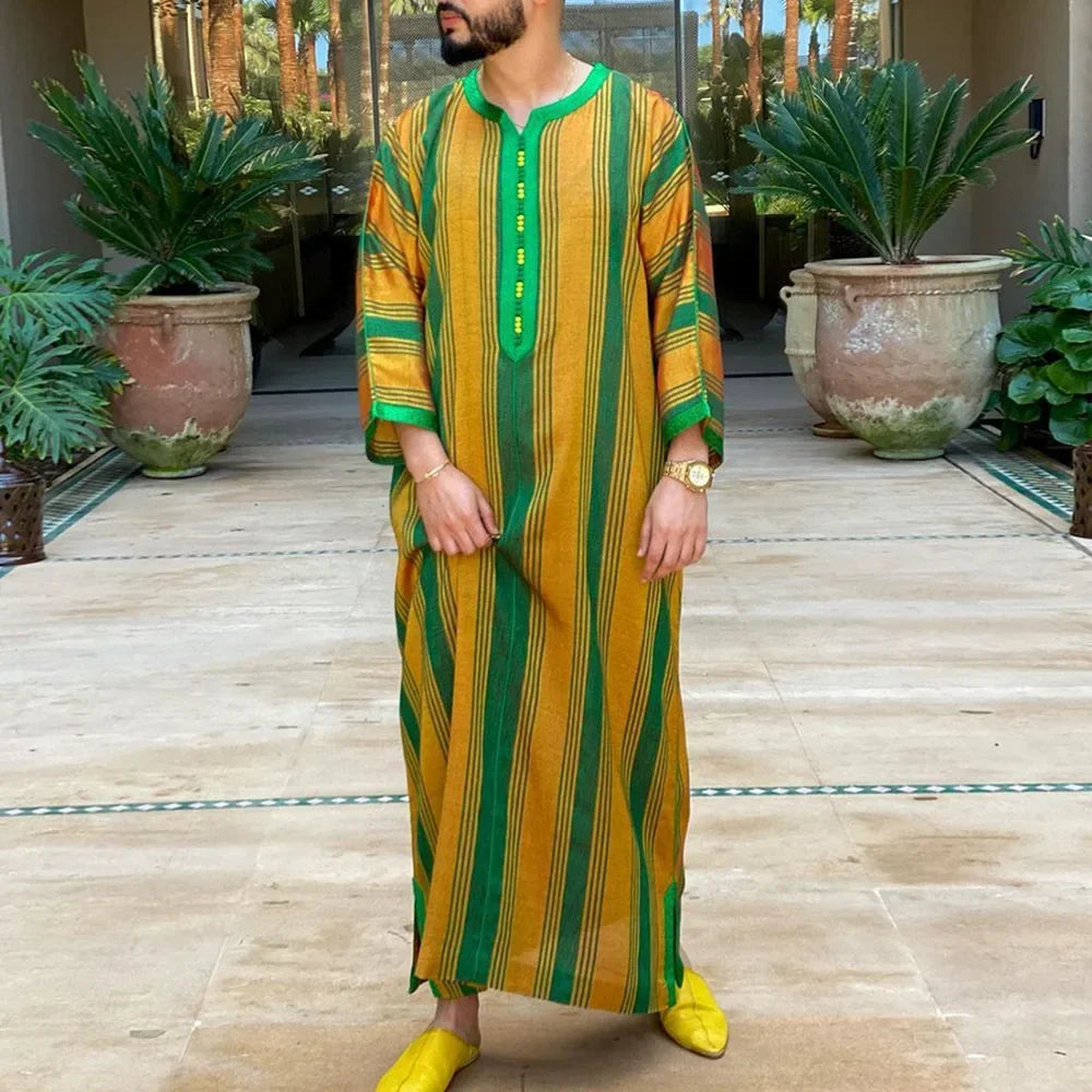 Gandoura 2025 Islamic Clothing Men Robe Kaftan Muslim Man Moroccan Casual Long Dress Arabic Striped Robe Middle East National Costume