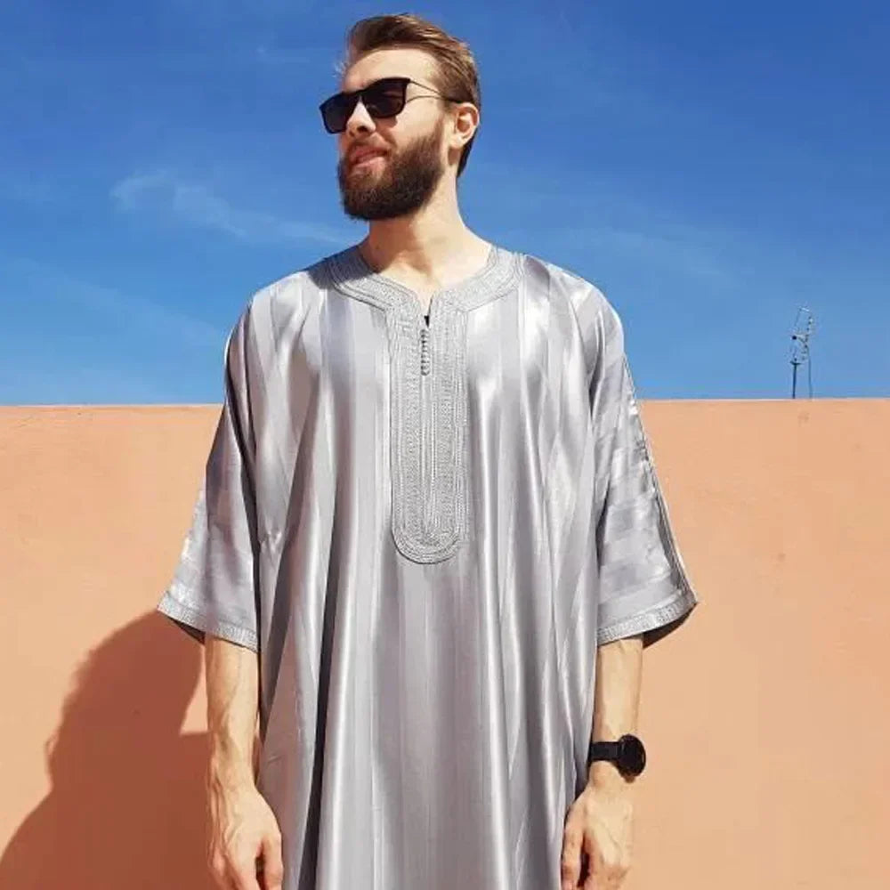 Gandoura 2025 Islamic Clothing Men Robe Kaftan Muslim Man Moroccan Casual Long Dress Arabic Striped Robe Middle East National Costume