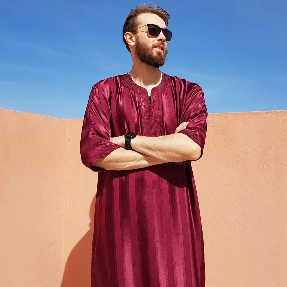 Gandoura 2025 Islamic Clothing Men Robe Kaftan Muslim Man Moroccan Casual Long Dress Arabic Striped Robe Middle East National Costume