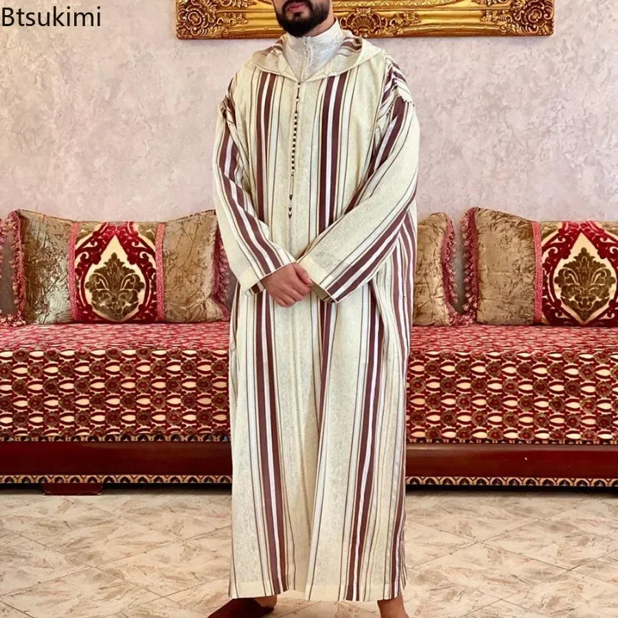 Gandoura 2025 Islamic Clothing Men Robe Kaftan Muslim Man Moroccan Casual Long Dress Arabic Striped Robe Middle East National Costume
