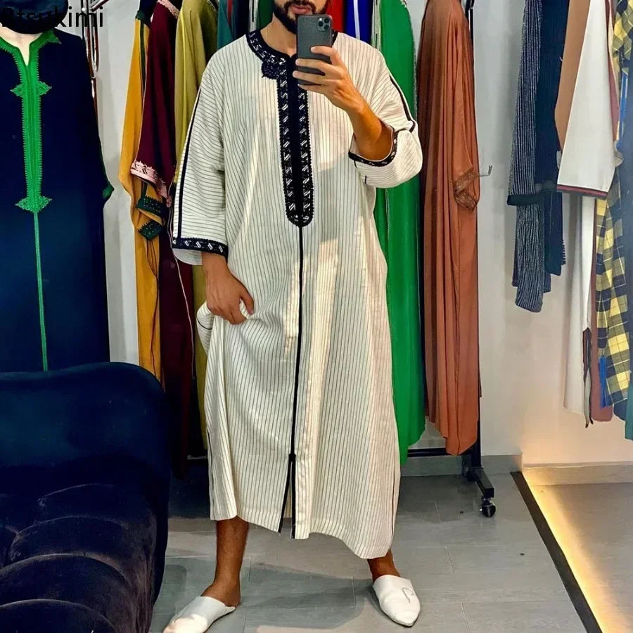Gandoura 2025 Islamic Clothing Men Robe Kaftan Muslim Man Moroccan Casual Long Dress Arabic Striped Robe Middle East National Costume