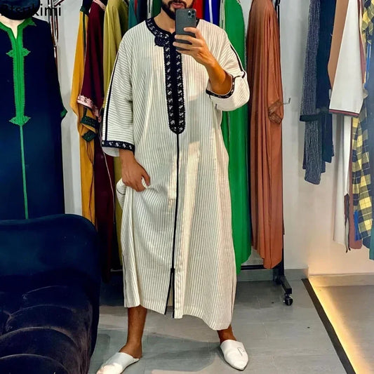Gandoura 2025 Islamic Clothing Men Robe Kaftan Muslim Man Moroccan Casual Long Dress Arabic Striped Robe Middle East National Costume