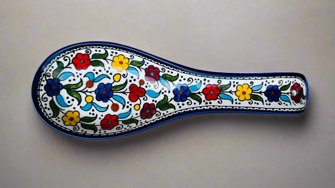 Spoon Rest – Hand-Painted Palestinian Ceramic | Multicolor & Navy