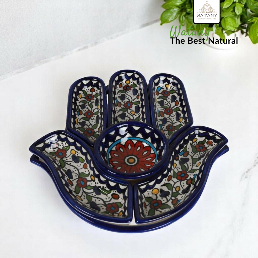 Plateau à fruits secs palestinien 32×32×10 cm – Plateau de service en céramique fait main, plateau à collation multi-compartiments et pièce maîtresse décorative