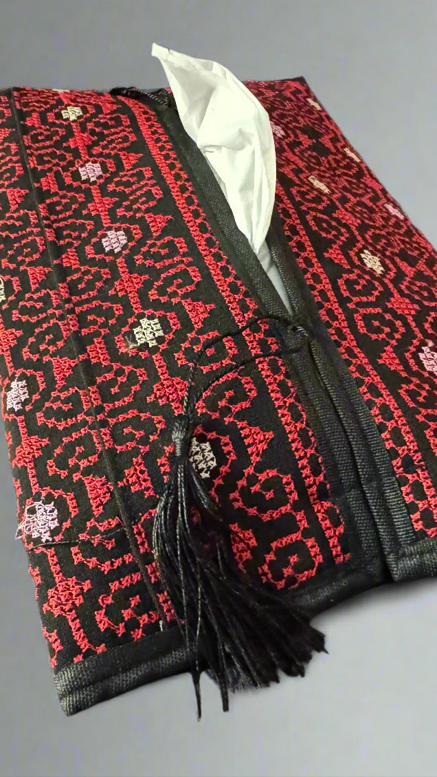 Tatreez Tissue Box | Red, Gold & Teal – Handcrafted Fabric Cover Made in Jordan