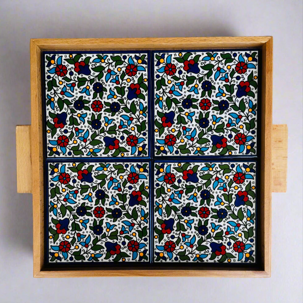 Plateau de service en céramique florale | Rectangulaire et carré - Fait main en Palestine