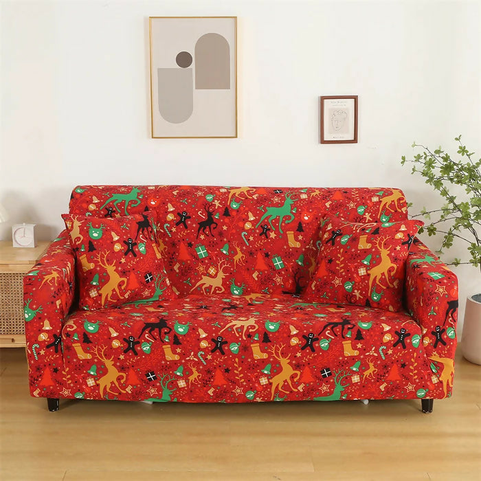 Anyhouz Sofa Cover Red Christmas Reindeer Design Stretchable Non Slip Slipcover