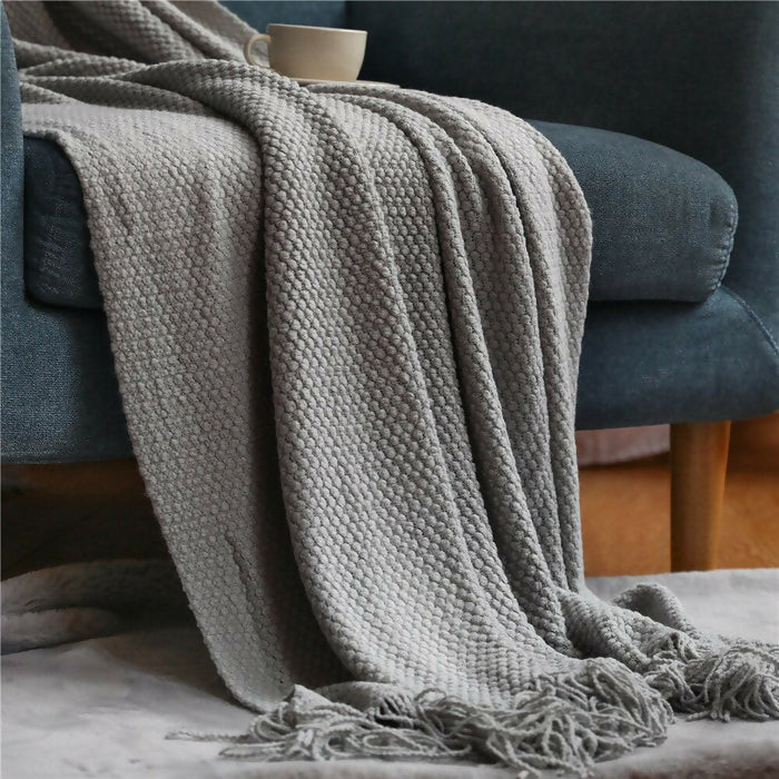 Anyhouz Blanket Light Gray Knitted Tassels Throw Bedspread