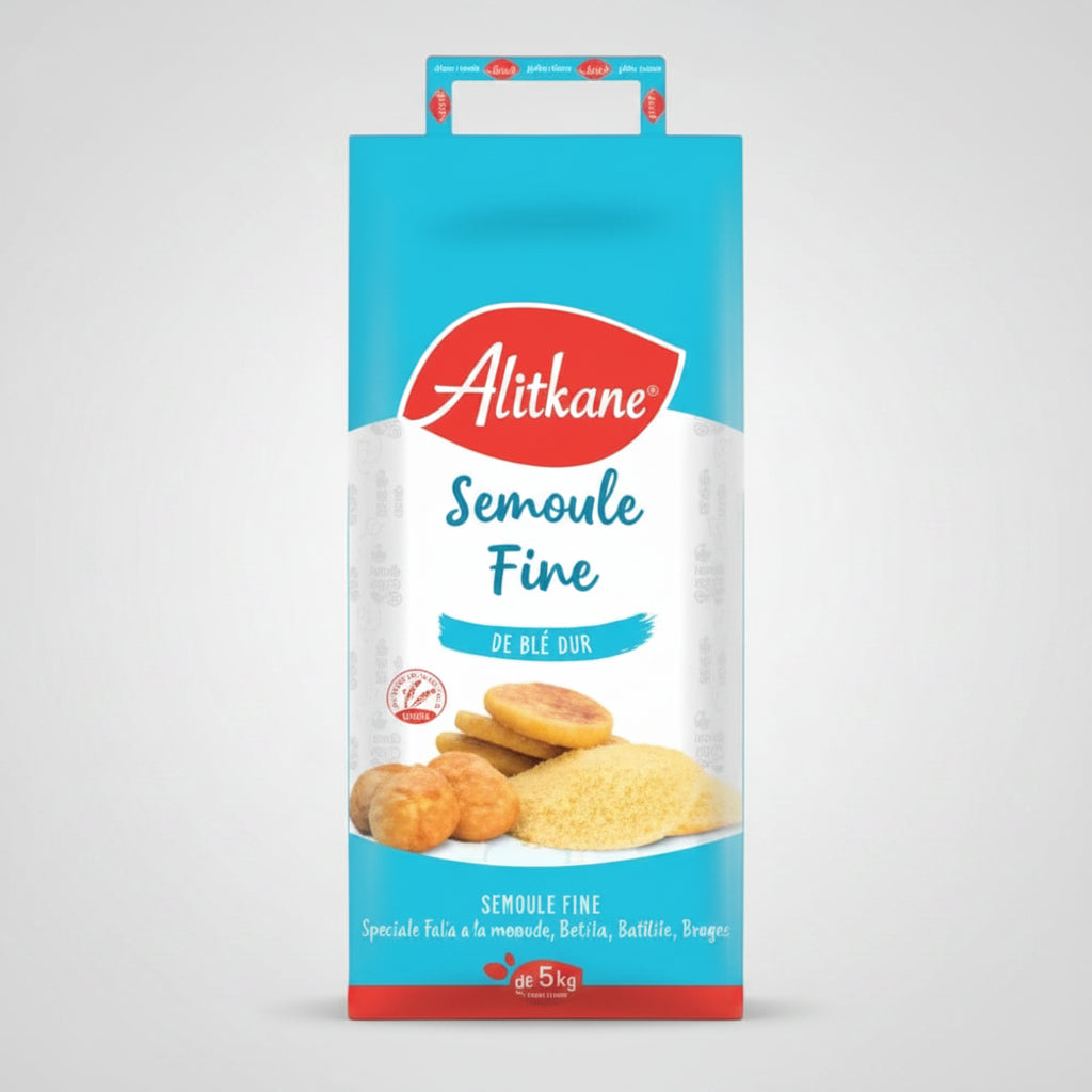 Alitkane Semoule Fine packaging with a blue and red design on a white background