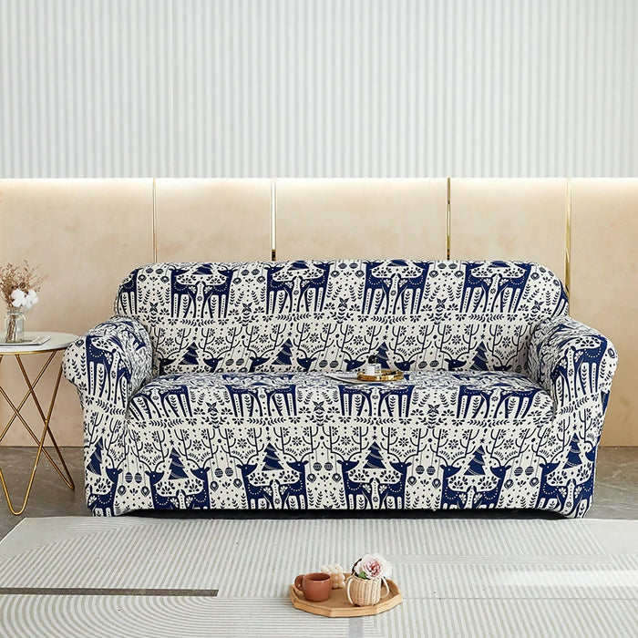 Anyhouz Sofa Cover Blue Christmas Reindeer Design Stretchable Non Slip Slipcover