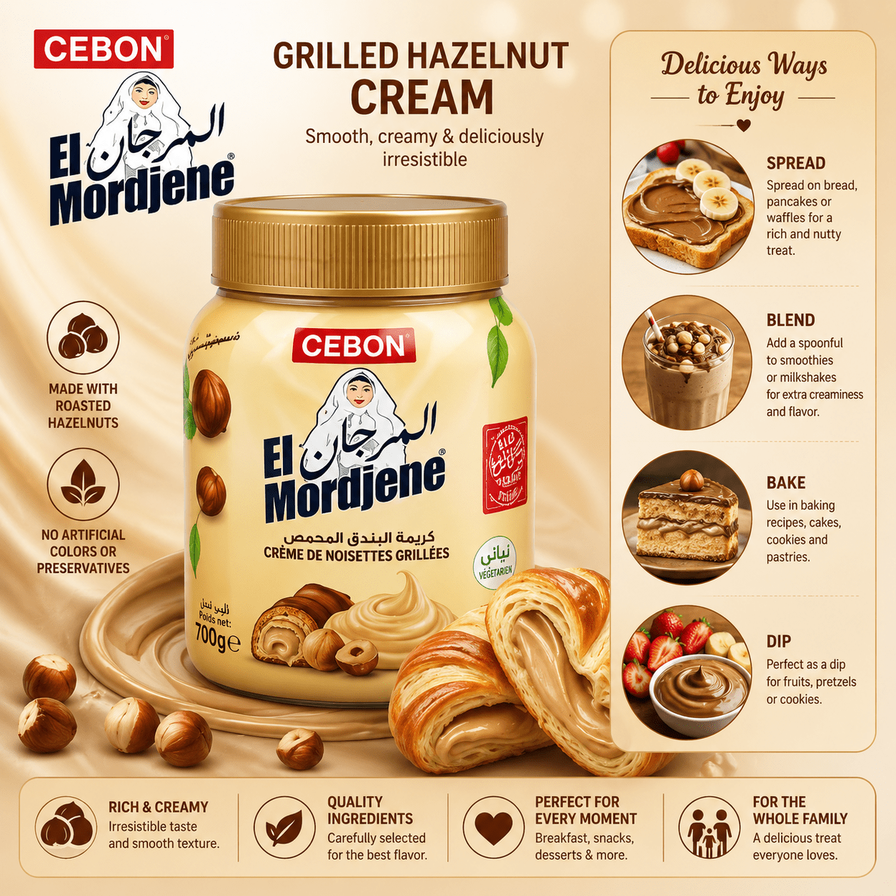 El Mordjene Cebon Roasted Hazelnut Spread 700g – Creamy Noisette.