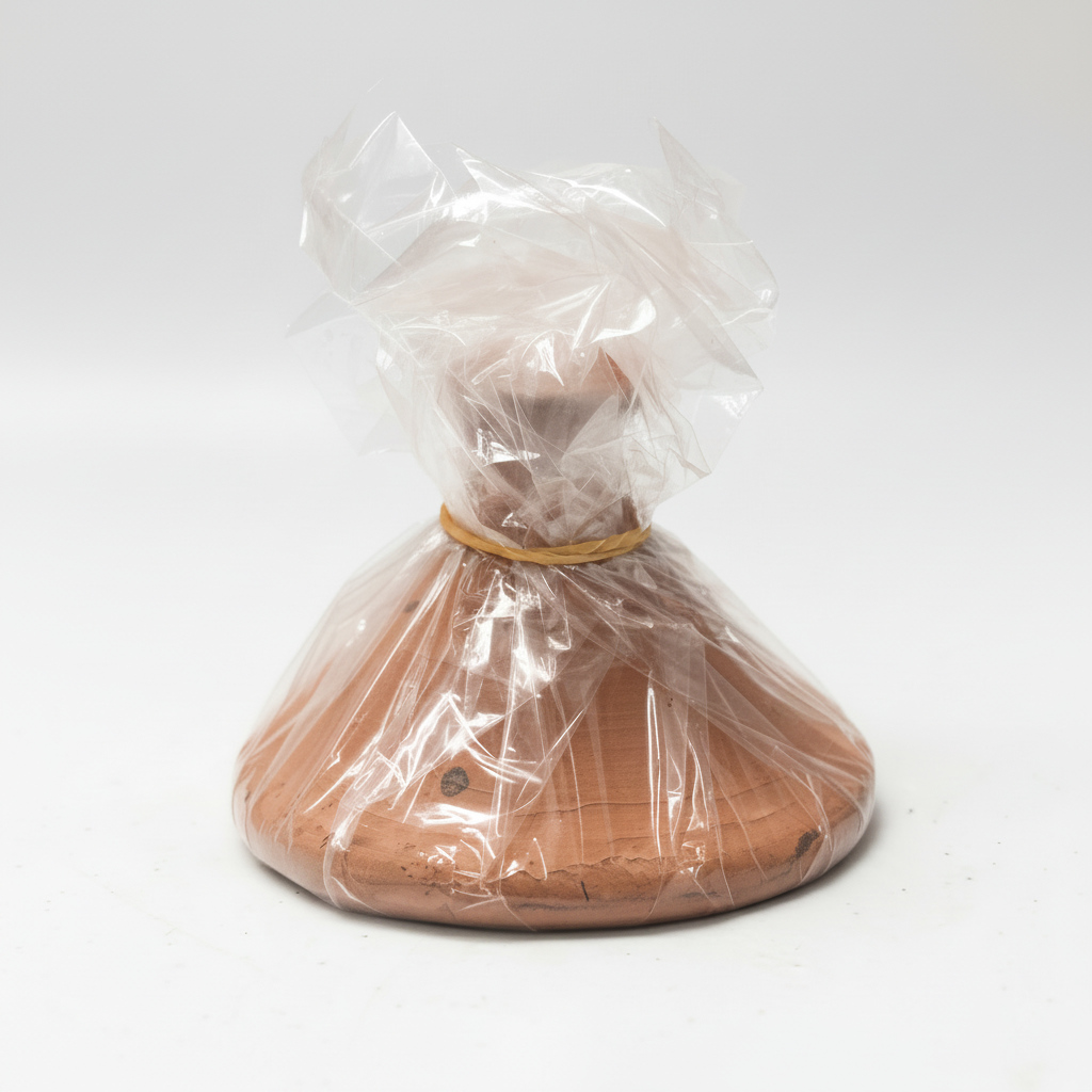 A terracotta-colored ceramic tagine pot wrapped in clear plastic packaging, tied with a thin string at the neck, on a light gray background.