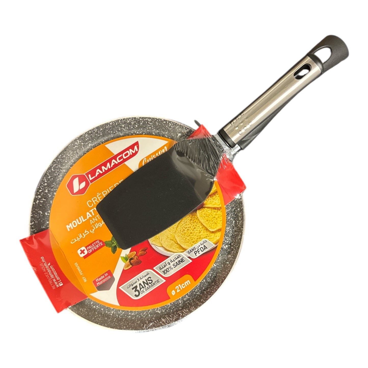 Poêle à Crêpes Antiadhésive Baghrir LAMACOM Moulaty 21cm – Revêtement Granit + Spatule Offerte (Sans PFOA)