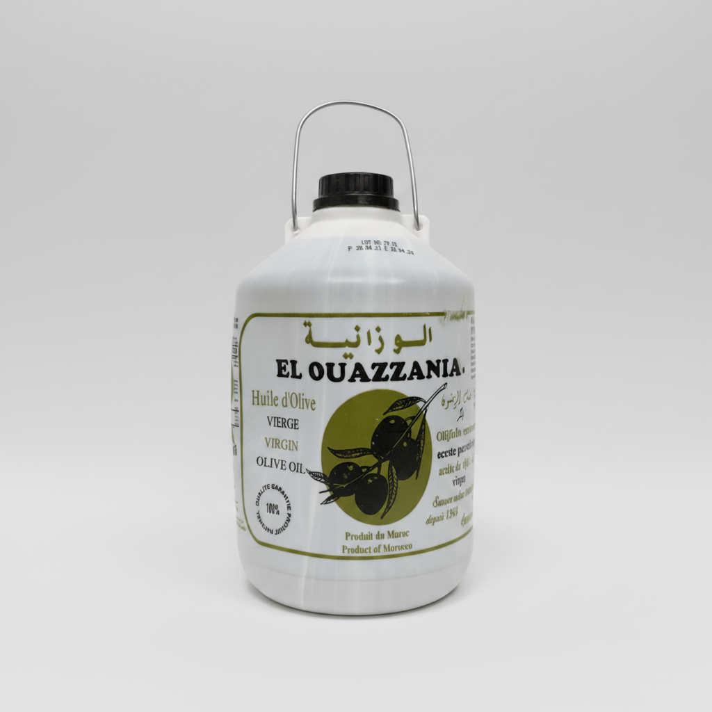 White bottle of El Ouazzania olive oil with black cap on a white background