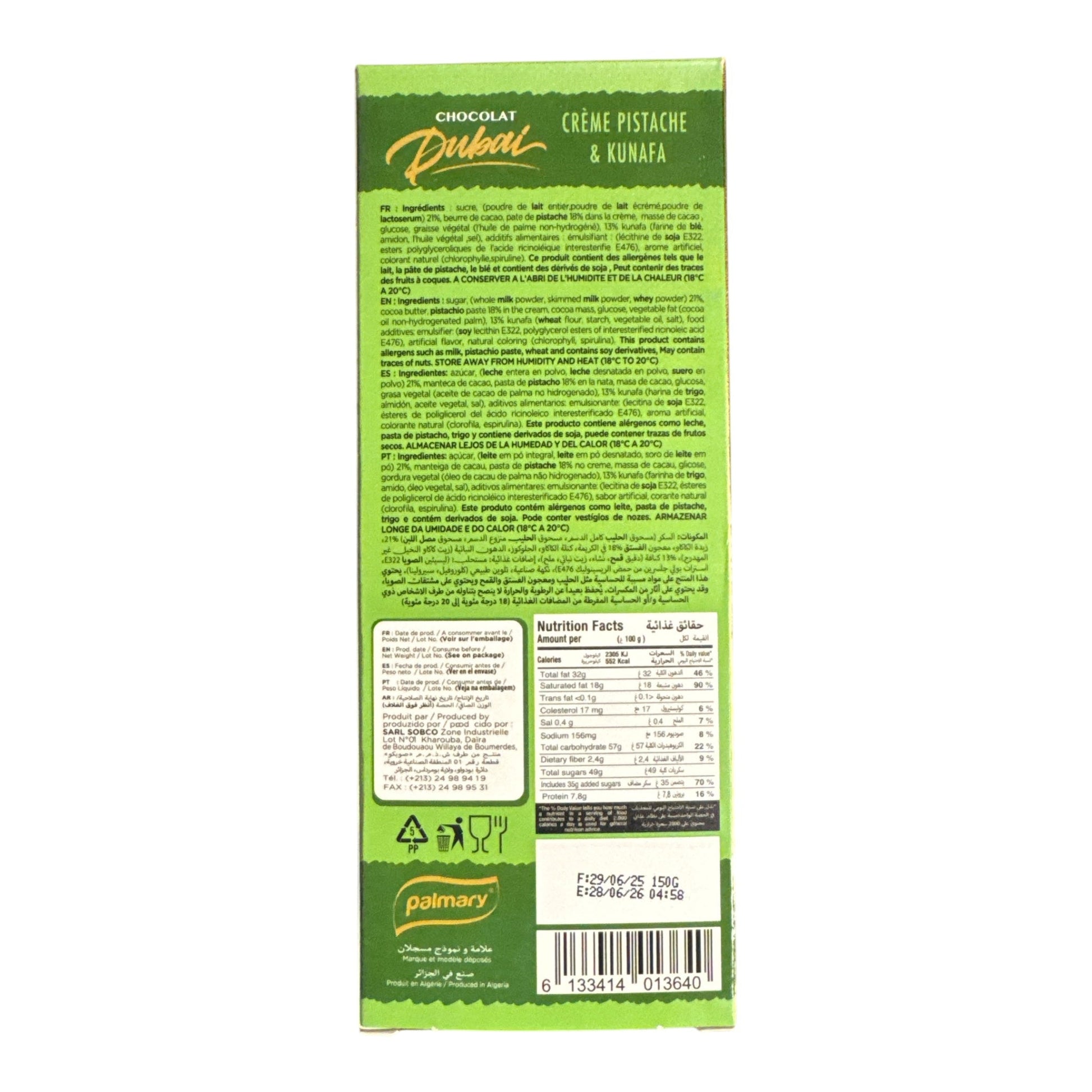 Palmary Moment Dubai Pistachio & Kunafa Chocolate Bar (150g) FOODS ZaytunaMart.ca