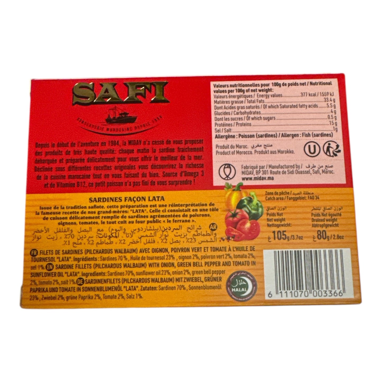 Filets de sardine SAFI – Façon Lata (poivrons, tomates et oignons à l’huile de tournesol) - 105g