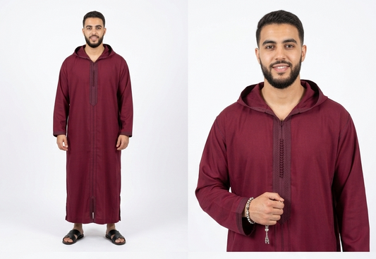 Djellaba Marocaine Authentique Fait Main – Tissu Mlifa Premium – Bordeaux