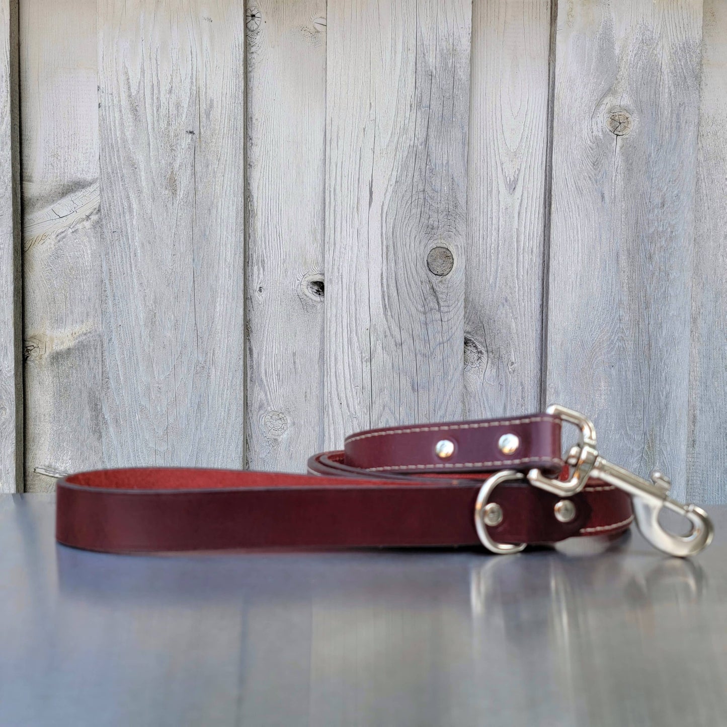 Burgundy Stitched Leather Dog Leash 60'' - Made in Canada